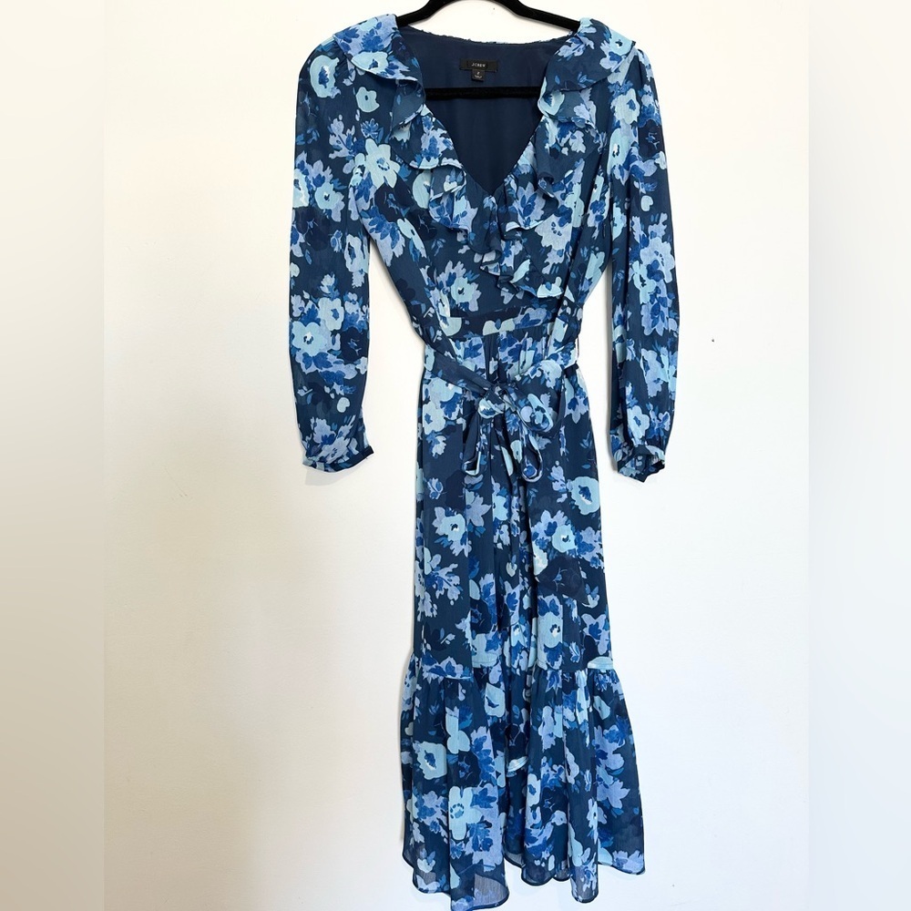 J. Crew Wrap Dress Watercolor Begonias Print Meadow Blue Size 2